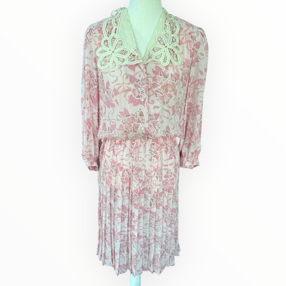 Vintage Blake Elizabeth Floral Pleated Lace Accordion Midi Dress 10 CottageCore - Picture 1 of 9